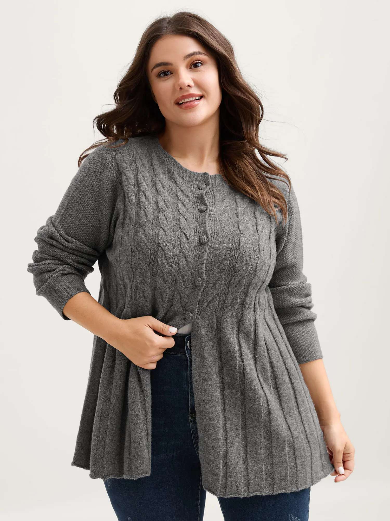 BloomChic Women's Oversized Cable Knit Round Neck Button Cardigan - Long Sleeve Loose Wool Fabric Clothes, Minimalist Casual OL Style Dark Gray Monochrome Top for Basic Outfits, Elegant Knitwear Cardigan for Women,summerwins Womenswear,Summerfinds