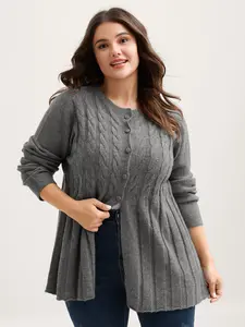 【 Oversized】 Bloomchic Cable Knit Round Neck Button Knit Cardigan - Long Sleeve Fitted Casual OL Style Dark Gray Women's Tops for Summer Knitting Basic Outfits Elegant Womenswear Knitwear