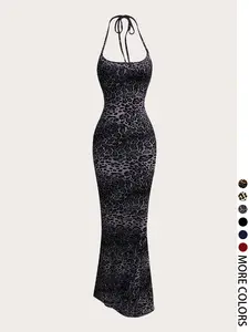 Women's Leopard Print Halter Bodycon Maxi Dress, featuring a form-fitting silhouette and stretchy fabric with bold animal prints, perfect for nights out and parties, available in multiple leopard colorways, Halter Strap Dress