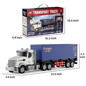 1:12 Remote Control Semi Truck with Trailer 9-Channel RC Container Toy 23.6 Inches for Kids Full Function Control LED Lights Sounds Horns Auto Demo Detachable Trailer