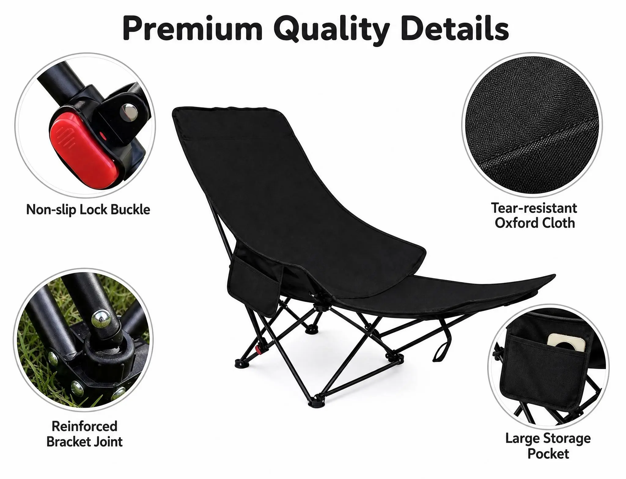 Portable Reclining Camping/Lounge Chair for Outdoor (1, BLACK) | Soft Cushion, 4-Position Backrest, Removable Footrest, Cup Holder & Versatile Carry Bag