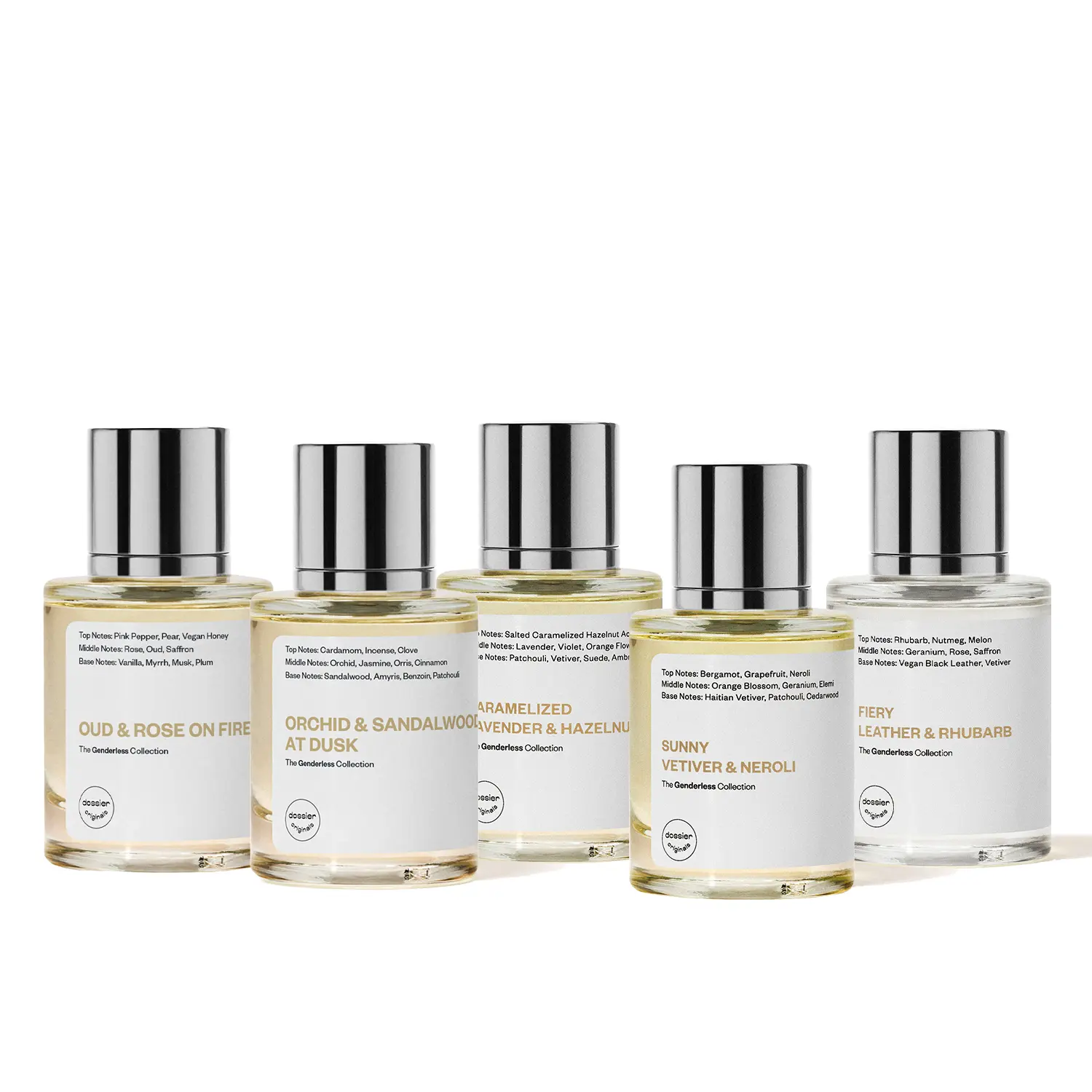 The Genderless Collection, Dossier Originals, 50ml, Eau de Parfum, Oud &  Rose on Fire, Orchid & Sandalwood at Dusk, Caramelized Lavender & Hazelnut,  Sunny Vetiver & Neroli, Fiery Leather & Rhubarb -