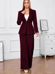 Elegant Two-Piece Women's Suit Set, Long Sleeve Fitted Button-Up Blazer with Wide Leg Pants, Casual Chic M2640#, Solid Color Design