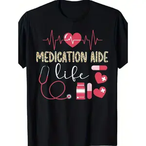 Medication Aide Life Inspirational Black T-Shirt - Soft Cotton, Short Sleeve, Crew Neck, with Stethoscope and Heartbeat Pattern - Perfect for Healthcare Professionals, Casual Wear, and SpringSummer Men'S Gift Size S-XXXL-3XL