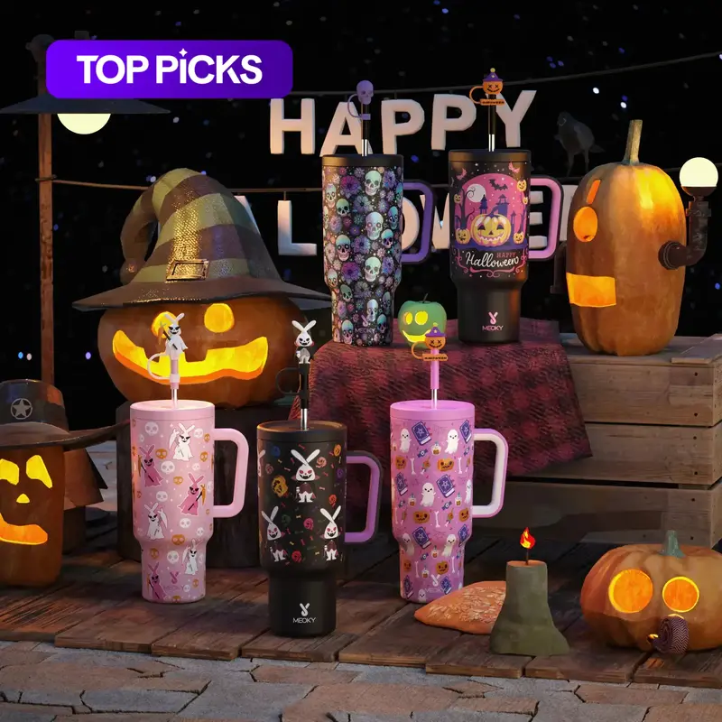 【Meoky】40oz Holiday Straw Handle Cup, Leak-proof Cup Lid, Silicone Handle, Non-slip Noise Reduction Pad At The Bottom, Stainless Steel Thermos Cup, Wide Mouth and Narrow Bottom for Easy Cleaning and Car Loading, Valentine's Day Gift