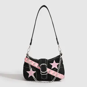 BIGWIG Women's Y2K Aesthetic Hobo Bag, Chic Black Canvas Shoulder Purse with Pink Star Embroidery & Fashion Chain Strap, Trendy 2000s Baguette Bag for Casual & Streetwear