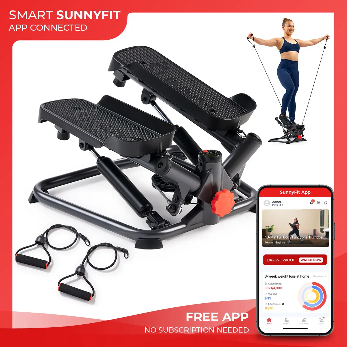Total Body Mini Twist Stepper w/ Resistance Bands - SMART Standard Pro - Workout Exercise Machine for Home Gym Adjustable Resistance Height Stabilizer