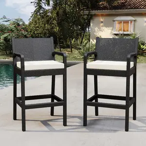 30" Outdoor Wicker Bar Stools Set of 2 – Patio Bar Chairs with Arms & Comfort Cushions – All-Weather, Durable – Perfect for Backyard, Balcony, Garden, Pool, Deck – Entertaining Ready
