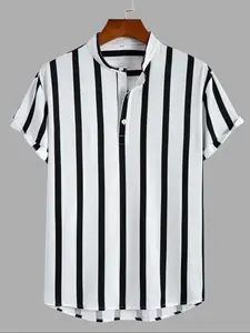 Men's Random Striped Print Half Placket Button Shirt, Casual Style Shirt, Loose Casual Short Sleeve Stand Neck Top for Summer, Fashion Men's Clothes for Daily Wear