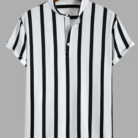 Men's Random Striped Print Half Placket Button Shirt, Casual Style Shirt, Loose Shirts, Loose Casual Short Sleeve Stand Neck Top for Summer, Fashion Men's Clothes for Daily Wear