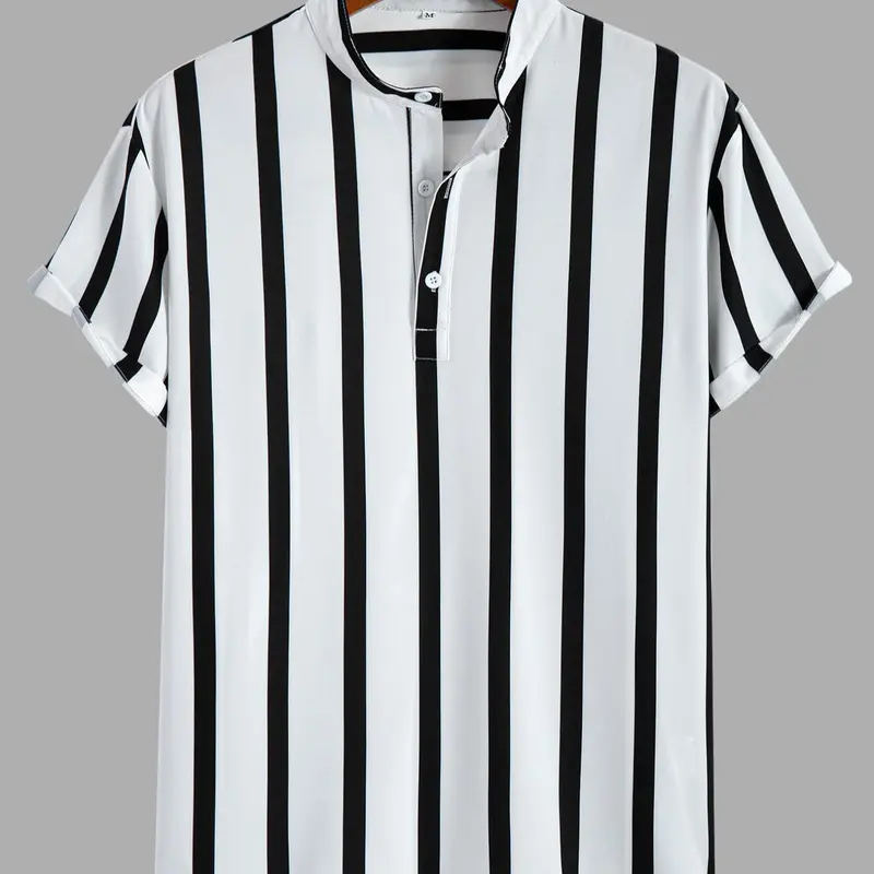 Men's Random Striped Print Half Placket Button Shirt, Casual Style Shirt, Loose Shirts, Loose Casual Short Sleeve Stand Neck Top for Summer, Fashion Men's Clothes for Daily Wear