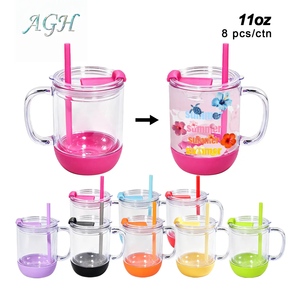 AGH US NEW 8pcs/ctn 11oz/345ml New lava drip coffee mug, Double wall Plastic Snow Globe Tumbler with Colored Rubber Buttom&2-in-1 colored LEAK-PROOF lids and straws, With Pre Drilled Hole Plug