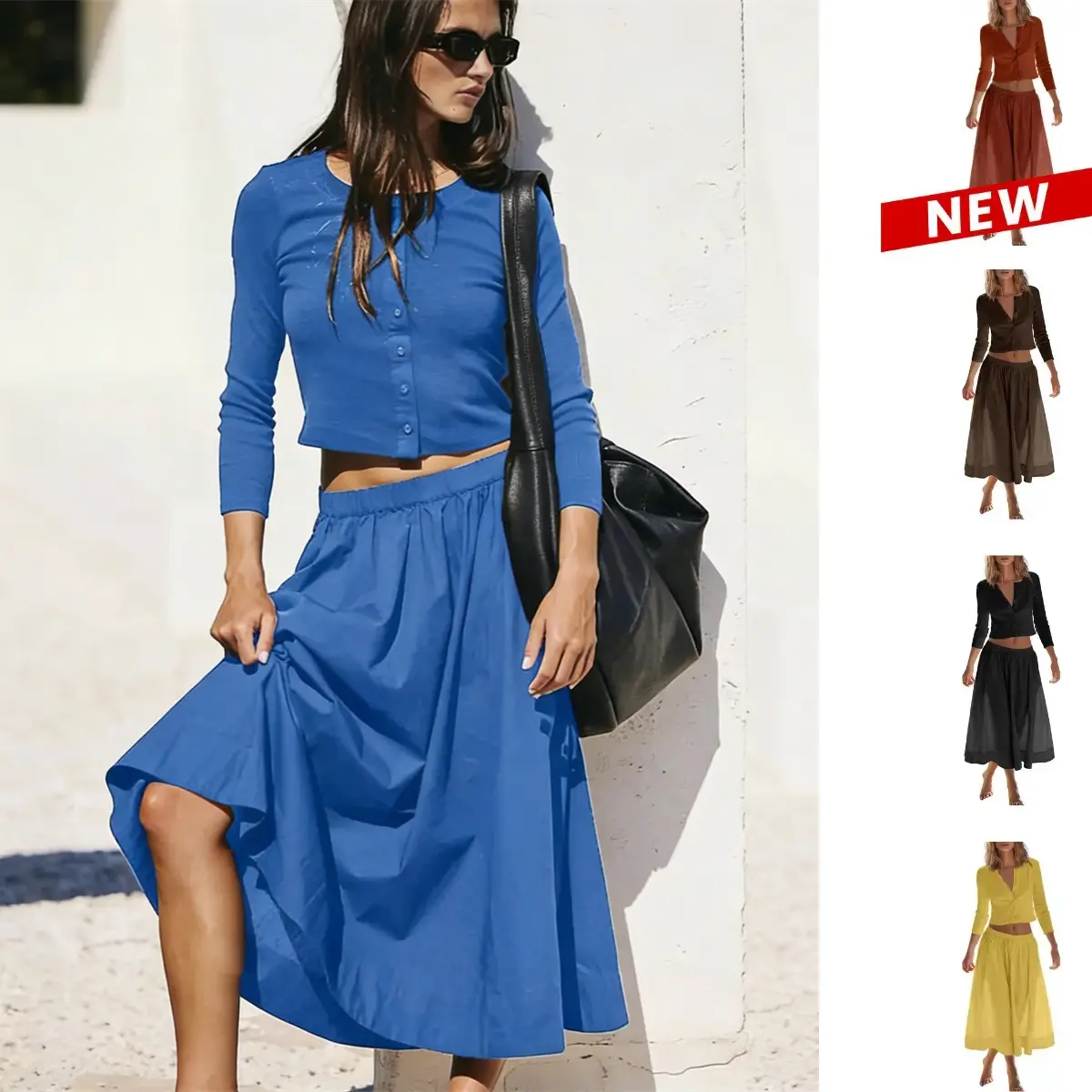 Woodberry Lady's 2-Piece Minimalist Basic Lounge Clothes Set - 3/4 Length Loose-Fitting Round Neck Knit Cardigan, Elastic Waist Midi Dress - Casual Vacation Summer Outfits, 3/4 Sleeve Modesty