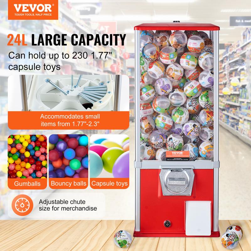 VEVOR Gumball Machine for Kids,  , 25" Height Home Vending Machine, PS Bouncy Balls Dispenser, Hold 230 Capsule Toys, Rectangle Bubble Gum Machine for Game Stores, Coin Operated Gumball Bank, Red