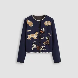 Cider [size 2-10] Knit Round Neckline Dog Pattern Cardigan