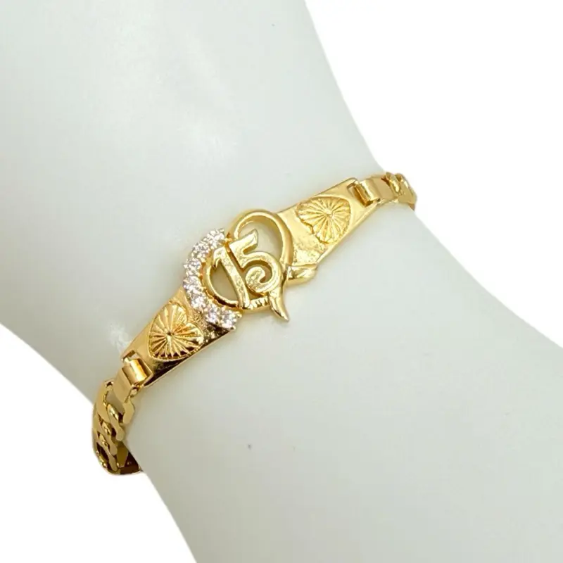 Female Fashionable Bracelet, 18K Gold Plated 7in 15th Anniversary Plate Design Jewelry Accessory with Cubic Zirconia, Elegant Comfortable Fit for Women