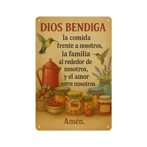20*30cm (7.9*11.8in) Strong & Tough Aluminum Sign - Pre-Drilled 4-Pin Holes & Smooth Rounded Corners - "Dios Bendiga" Spanish Kitchen Prayer Wall Decor