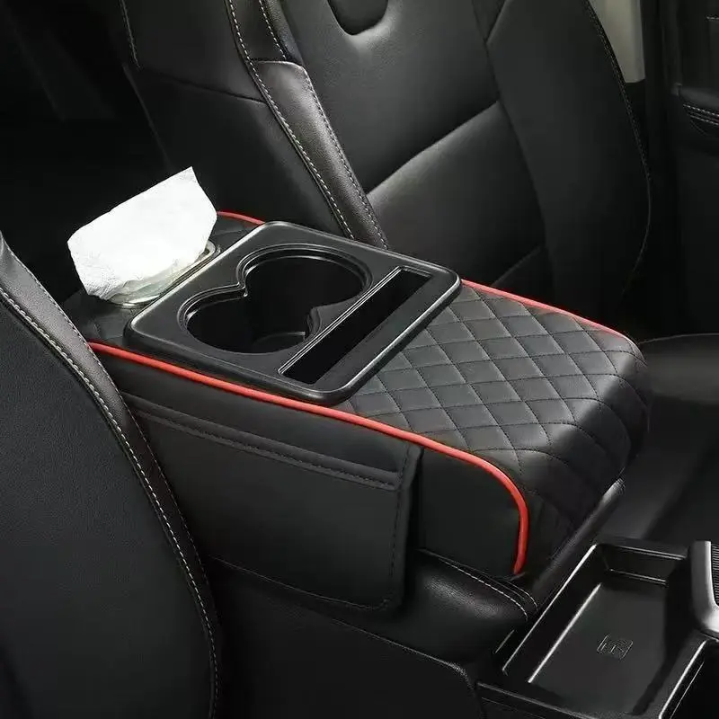 Premium Microfiber Leather 5-in-1 Car Armrest Cushion - 13.7x7.8" Center Console Cover with 2 Side Pockets, Cup Holder, Tissue Slot Access, Diamond Stitch, Phone Slot for Sedans Car Interior Stowing & Tidying Accessories