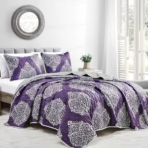 Unique versatile, comfortable, soft painting style quilt set on purple background - including 2 pillowcases and 1 double-sided quilt/