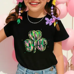 Young Girl's Colorful Camouflage Shamrock 2026 Six Seven Shamrocks St Patrick's Lucky Irish Shamrock Graphic Cotton T-Shirt, St Patrick's Day T-Shirt, Lucky Bow Clover Tee, Black T-Shirts With Colorful Camouflage Shamrock, Leprechauns Say 6 7 Six Seven To