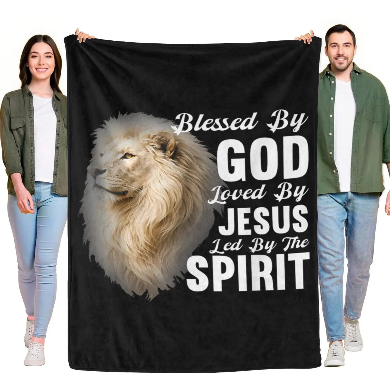 Flannel Throw Blanket, Blessed By God Loved By Jesus Led By The Spirit White Lion Christian Religious Faith Quote Black Background Blanket