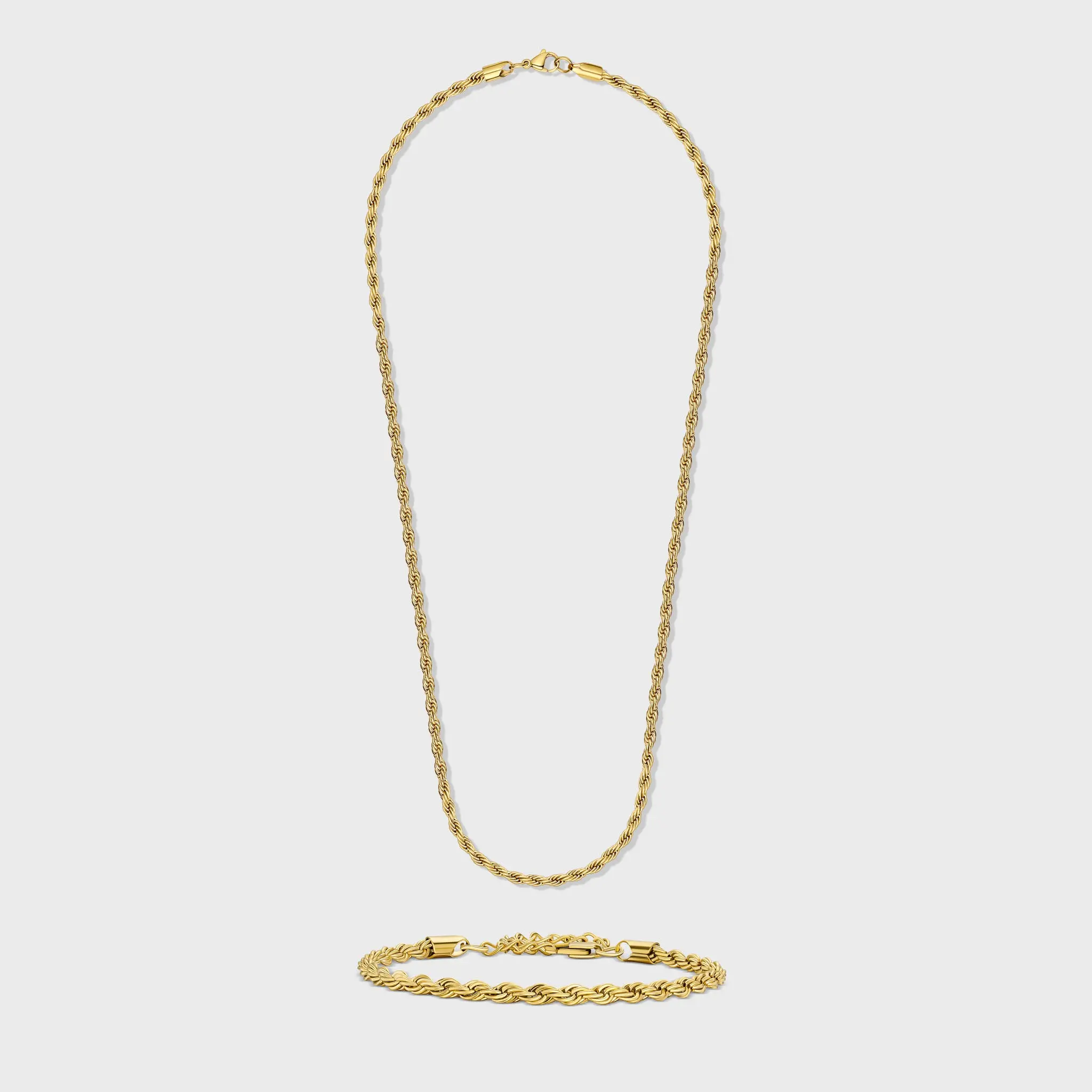 IMPERIUM JEWELRY 14-Karat Gold Plated Twisted Rope Chain Set - 4mm Unisex Fit Necklaces for Women & Bracelet, Gold Chain Accent Necklaces for Any Occasion, Single Rope Necklaces