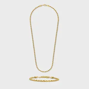 IMPERIUM JEWELRY 14 Karat Gold-Plated 4mm Rope Texture Unisex Statement 2-Piece Chain Set, Gold Accessories (Necklace & Bracelet) Fashion Costume Jewelry