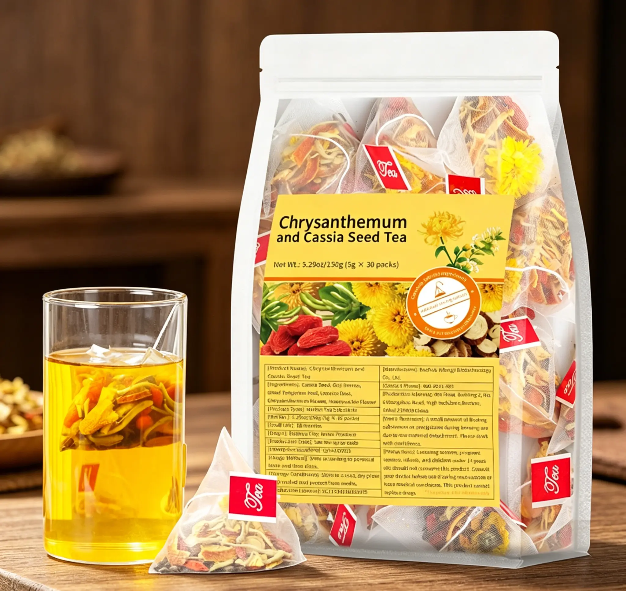 Natural Chrysanthemum Cassia Seed Tea Bags, Mixed Herbal Wellness Tea for Eye Strain Relief, Caffeine Free Detox Flower Tea for Office Workers & Night Owls