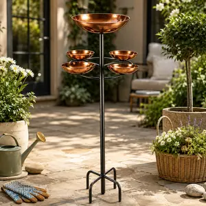 Heavy metal tree design; bird bath and feeder are integrated into one unit—a large, double-layer outdoor garden decoration with five bowls. A retro copper-colored bird bath can attract birds for play and foraging, allowing you to get close to them.