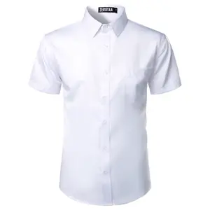 ZEROYAA Men's Urban Casual Stylish Slim Fit Short Sleeve Button Up Dress Shirt with Pocket Top Fabric summer outfits men Menswear Beige summer outfits men button shirt Plain Purple