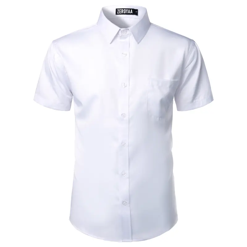 ZEROYAA Men's Urban Casual Stylish Slim Fit Short Sleeve Button Up Dress Shirt with Pocket Top Fabric summer outfits men Menswear Beige summer outfits men button shirt Plain Purple