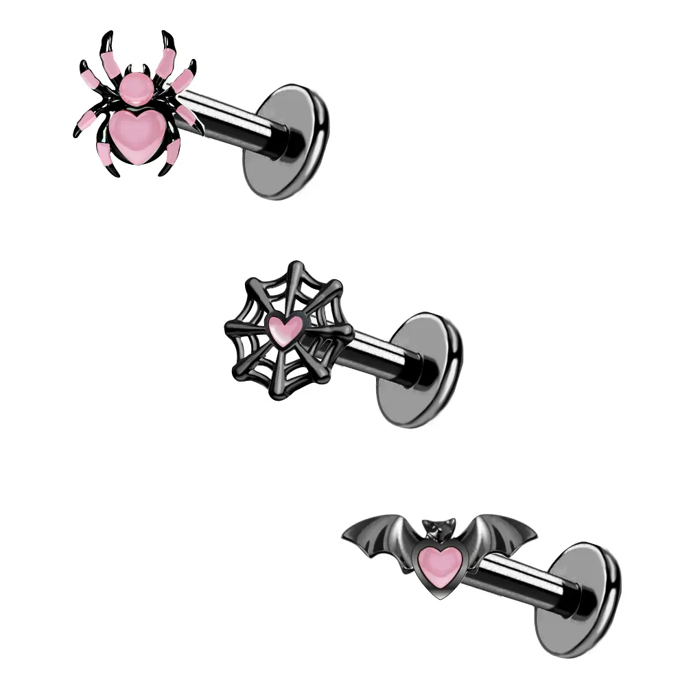 OUFER 16G 3PCS Internally Threaded Heart Spider-Bat Pink Piercing Earrings Studs, Cute Halloween Stuff for Cartilage Helix OUFER 16G 3PCS Internally Threaded Heart Spider-Bat Pink Piercing Earrings Studs, Cute Halloween Stuff for Cartilage Helix