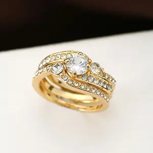 Women's Niche Trendy Ring Set - Gold Textured Irregular Zircon Inlaid High-End Fashion Band Jewelry