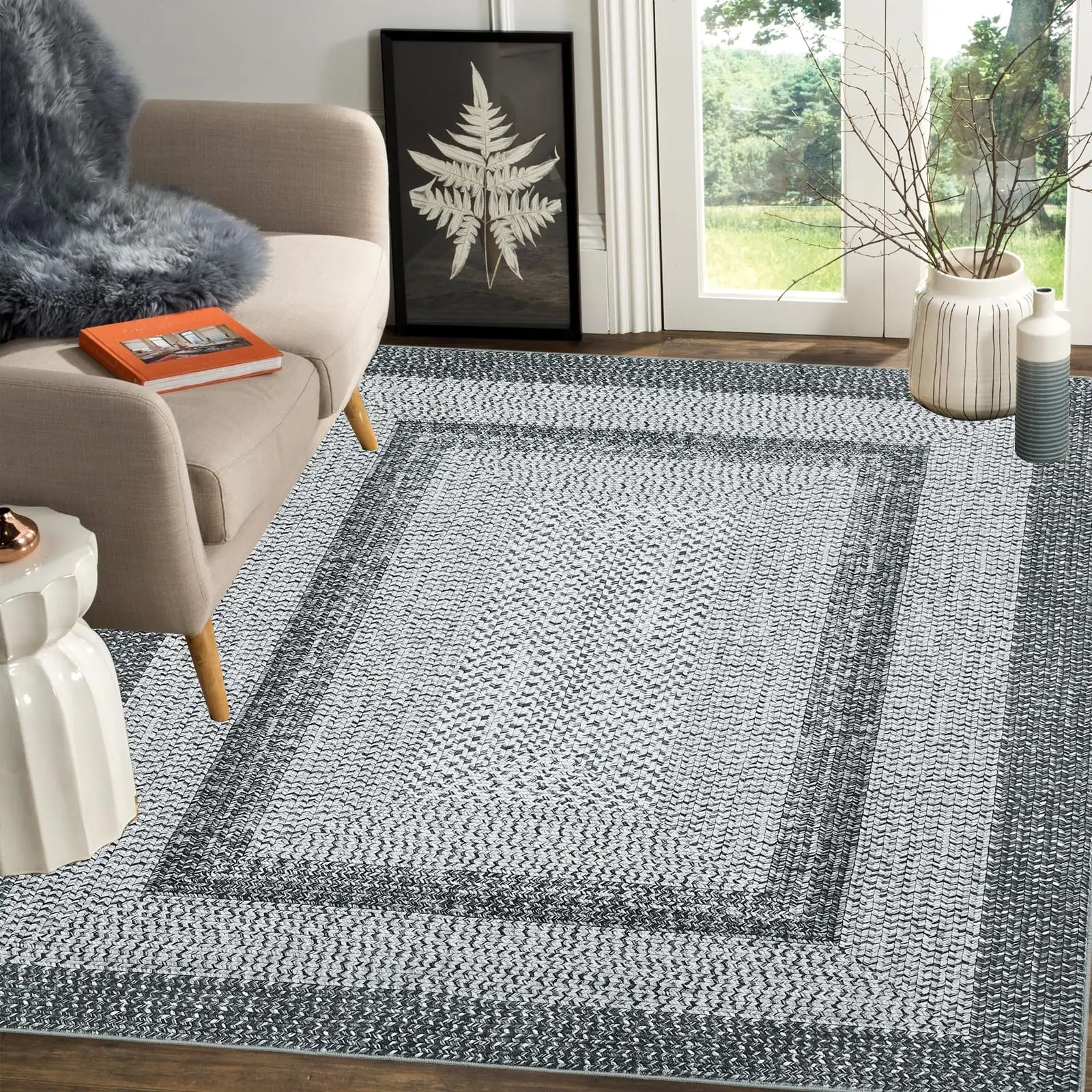 Garvee Printed Washable Rugs 3x5 Rug for Living Room Modern Rug Non Slip Entryway Rug Braided Pattern Soft Low Pile Non Shedding Stain Resistant Carpet for Bedroom Office Nursery 3'x5' Grey