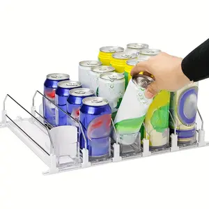 Refrigerator Beverage Storage Box, Self-Push Soda Can Dispenser, Stripe Design, Upgraded Dual-Layer Dividers, with Positioning Clips