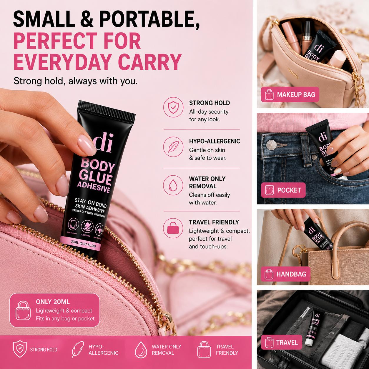 Body Glue Skin Adhesive - Invisible Waterproof Strong Hold for Strapless Dresses & Festival Wear - Sweat Resistant with Easy Removal, Compact & Portable 20ml, Aqua, Glycerin, Diglycol Crosspolymer, Fashion Emergencies, Skin-Friendly Formula, Lightweight,, Body Glue Skin Adhesive - Invisible Waterproof Strong Hold for Strapless Dresses & Festival Wear - Sweat Resistant with Easy Removal, Compact & Portable 20ml, Aqua, Glycerin, Diglycol Crosspolymer, Fashion Emergencies, Skin-Friendly Formula, Lightweight,,