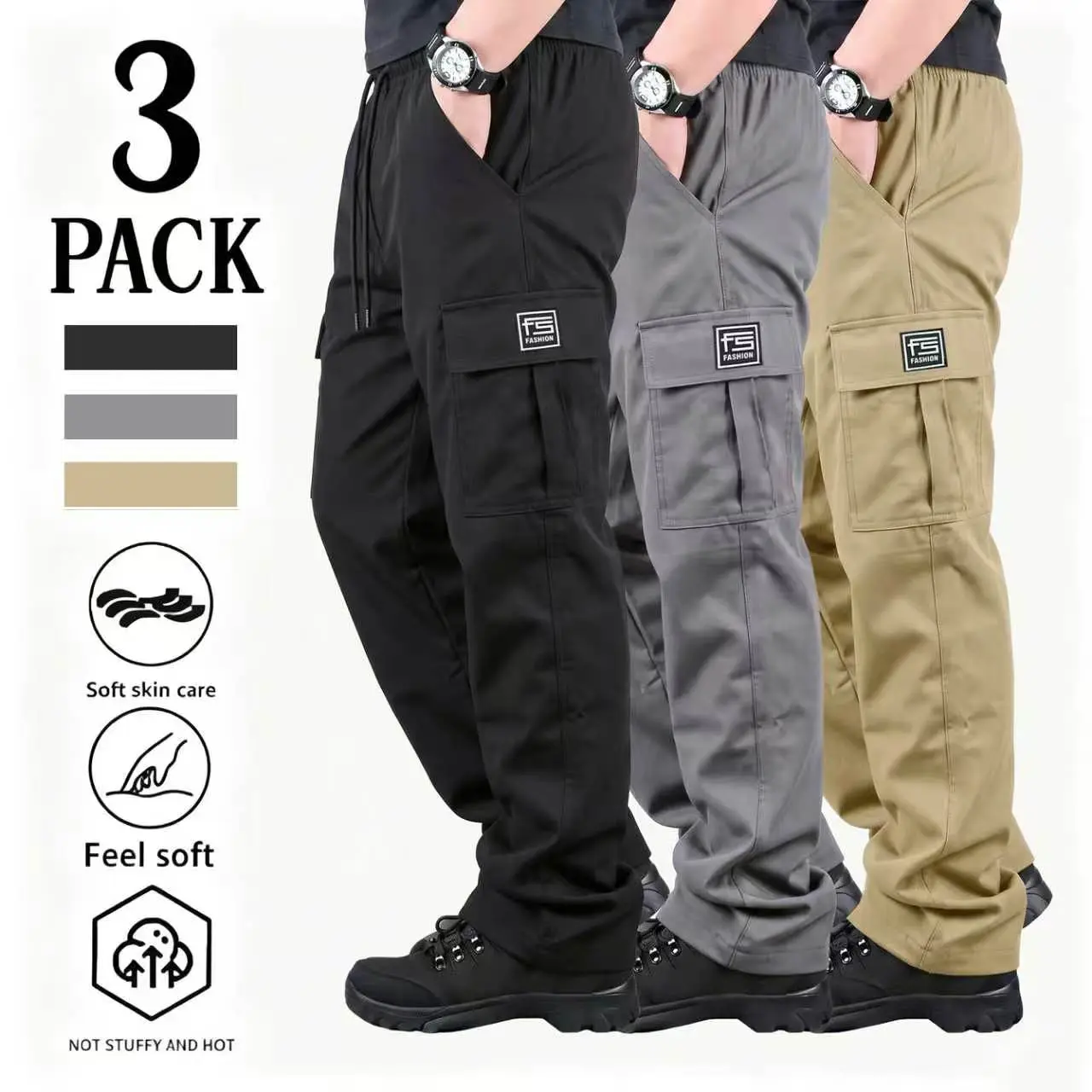 3-pack men’s cargo pants, solid-color work trousers, durable outdoor training pants, available in multiple colors—ideal for outdoor activities, work, hiking, and camping