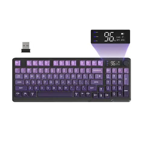 MAMBASNAKE-ZIYOU LANG M96 Model Wireless Gaming Keyboard - Creamy Silent Membrane, Rainbow Backlight, Media Knob, LCD Screen, Dual Bluetooth-2.4Ghz, Ball Shape PBT Keycaps, 94-Key ANSI Layout, PC Accessories, for Gamers Typists, Win Mac Compatibility