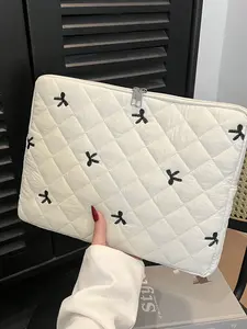 Cute Quilted Diamond Laptop Sleeve Bag for 13.3/14 Inch Notebooks, White with Black Bow Embroidery, Padded Shock-Absorbing Computer Protective Case for Women