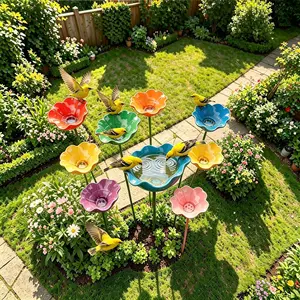 Handmade Metal Flower Garden Stake, Flower Bird Bath Stakes, Bird Feeder Garden Decor, Bee Water Cup,Deck Decor, Ornamental Bird Bath6*24 IN