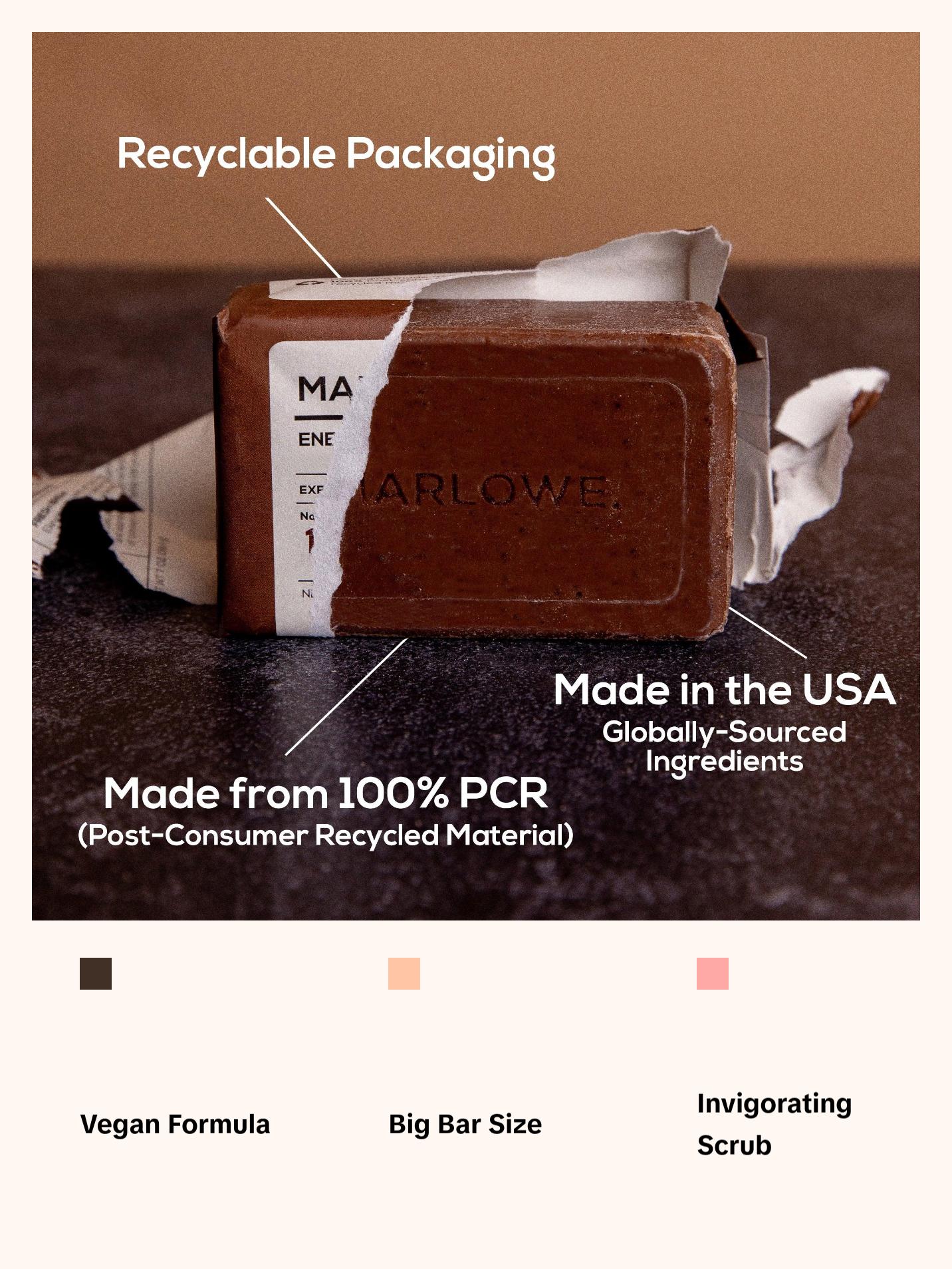 MARLOWE. No. 109 Energizing Coffee Soap Bar for Men - Fresh Brew Scented Body Soap Blend with Cocoa and Coconut Notes Caffeine Exfoliate Moisturize Cleanser Cleansing