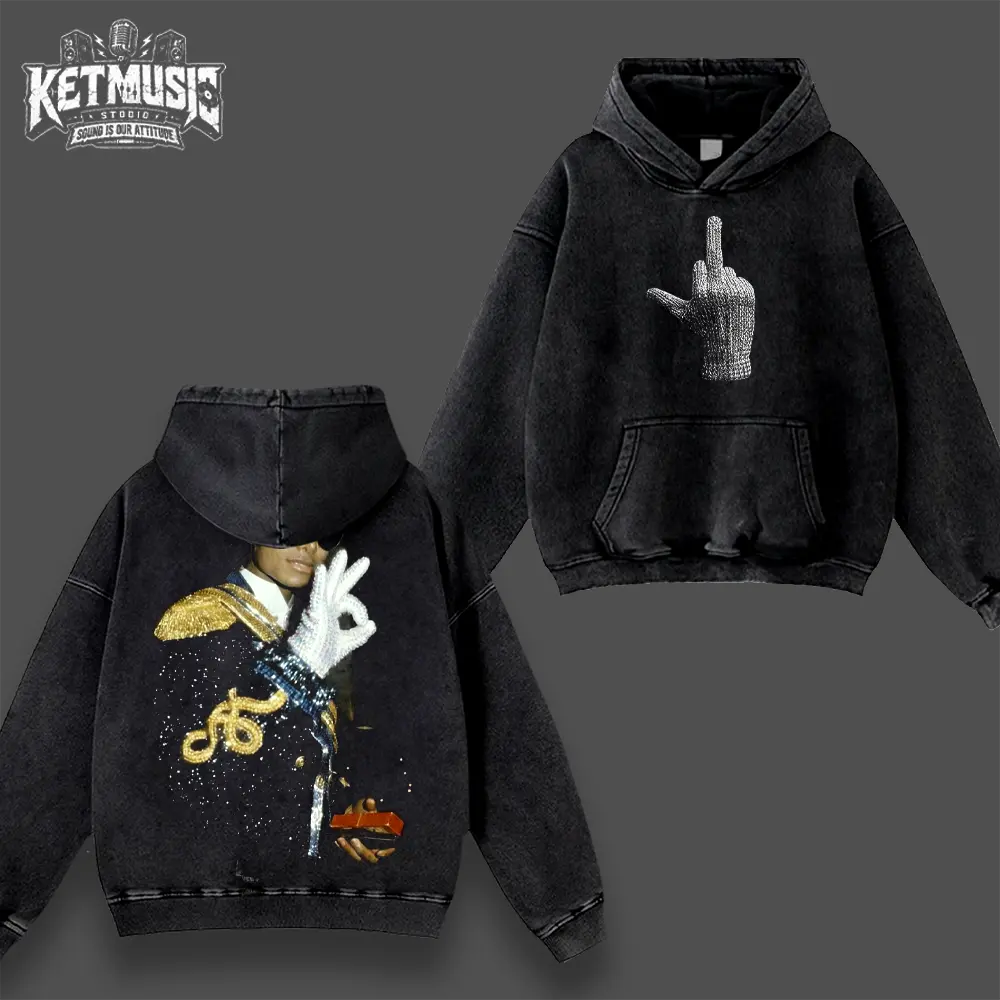 Michael Jackson King of Pop Vintage Washed Hoodie, Retro MJ Graphic Streetwear, Sparkle Glove Finger Print Hoodie, Y2K Oversized Pullover, Pop Legend Inspired Fashion, Acid Wash Black Hoodie, Unisex Hip Hop Style,Concert Fan Apparel,Trending TikTok Outfit