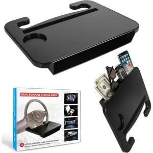 2-in-1 Steering Wheel Desk & Seat Gap Organizer, Portable Steering Wheel Tray with Cup Holder & Pad Slot, Car Food Table for Laptop Eating Working, Multipurpose Road Trip Accessories