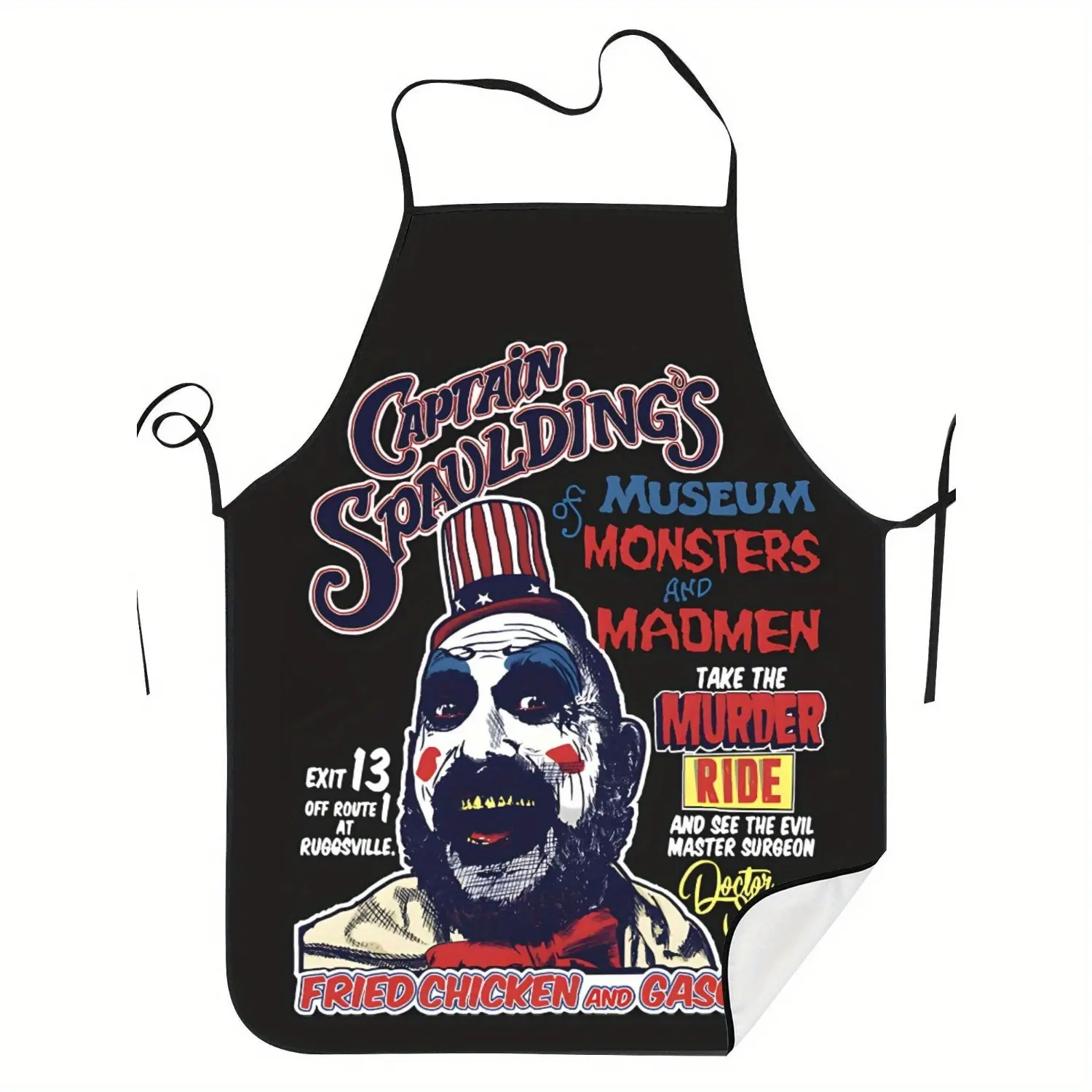 A vintage Captain Spalding printed apron, a chef's restaurant apron with a uniquely designed pattern