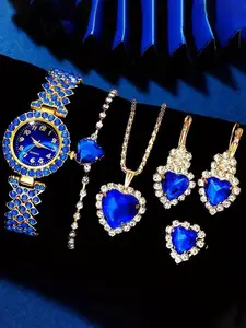 Shimmering Fashion Women's Quartz Watch Set with Heart Jewelry, 6-Piece Alloy Round Case, Earrings, Necklace, Ring, Mother's Day Gift