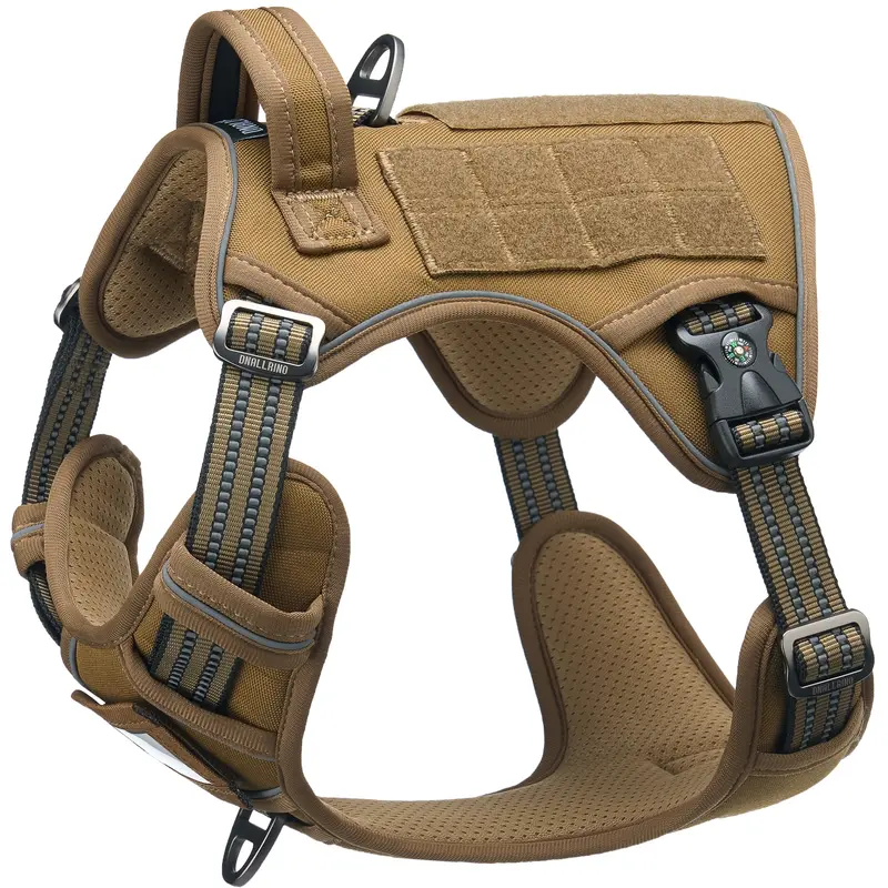 Breathable Harness for Medium-Large Dogs - 1050D Tough Nylon, Rugged 1050D Build, Brown, Molle Add Gear, Heavy-Duty Vest with ID Card, Reflective Design, Custom Fit for Training Control, Hunting Use