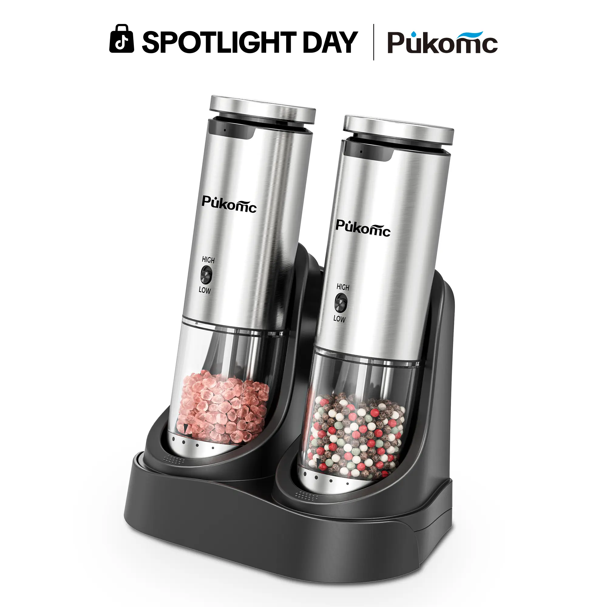 PUKOMC Electric Salt and Pepper Grinder Set with Charging Base, 6-Level Visible Coarseness Adjustment, High & Low Speed Settings, LED Light, Stainless Steel Automatic Pepper Mill, White Elephant Gift, SohoChic, Modern