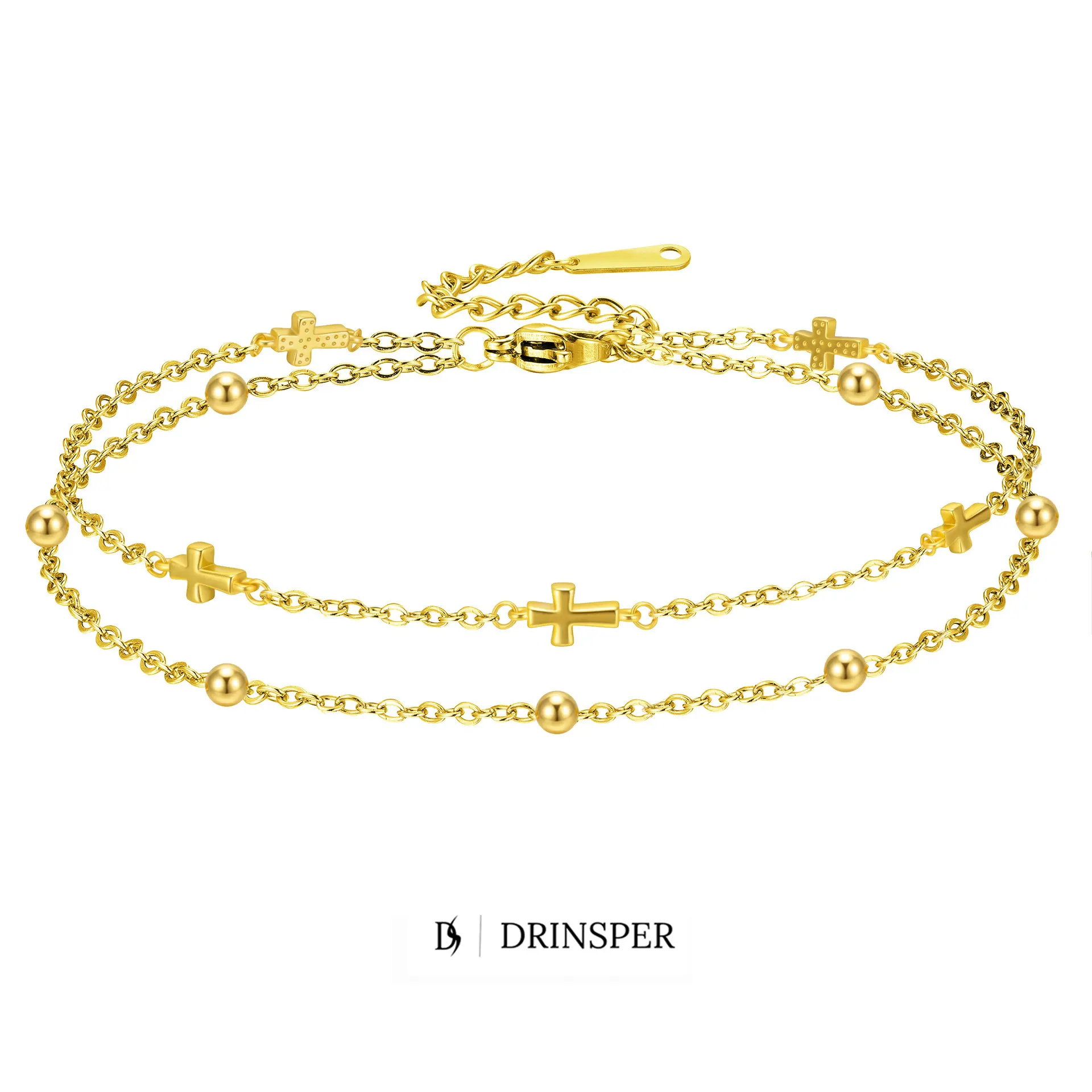 DRINSPER 18K Gold Plated Cross Bracelet for Women, Double Layer Adjustable Chain Bracelet with Cross and Bead Details, Copper Religious Faith Jewelry, 6.5-8.5 Inch Wrist Size, Everyday Christian Gift for Women, Girls and Cross Jewelry Lovers