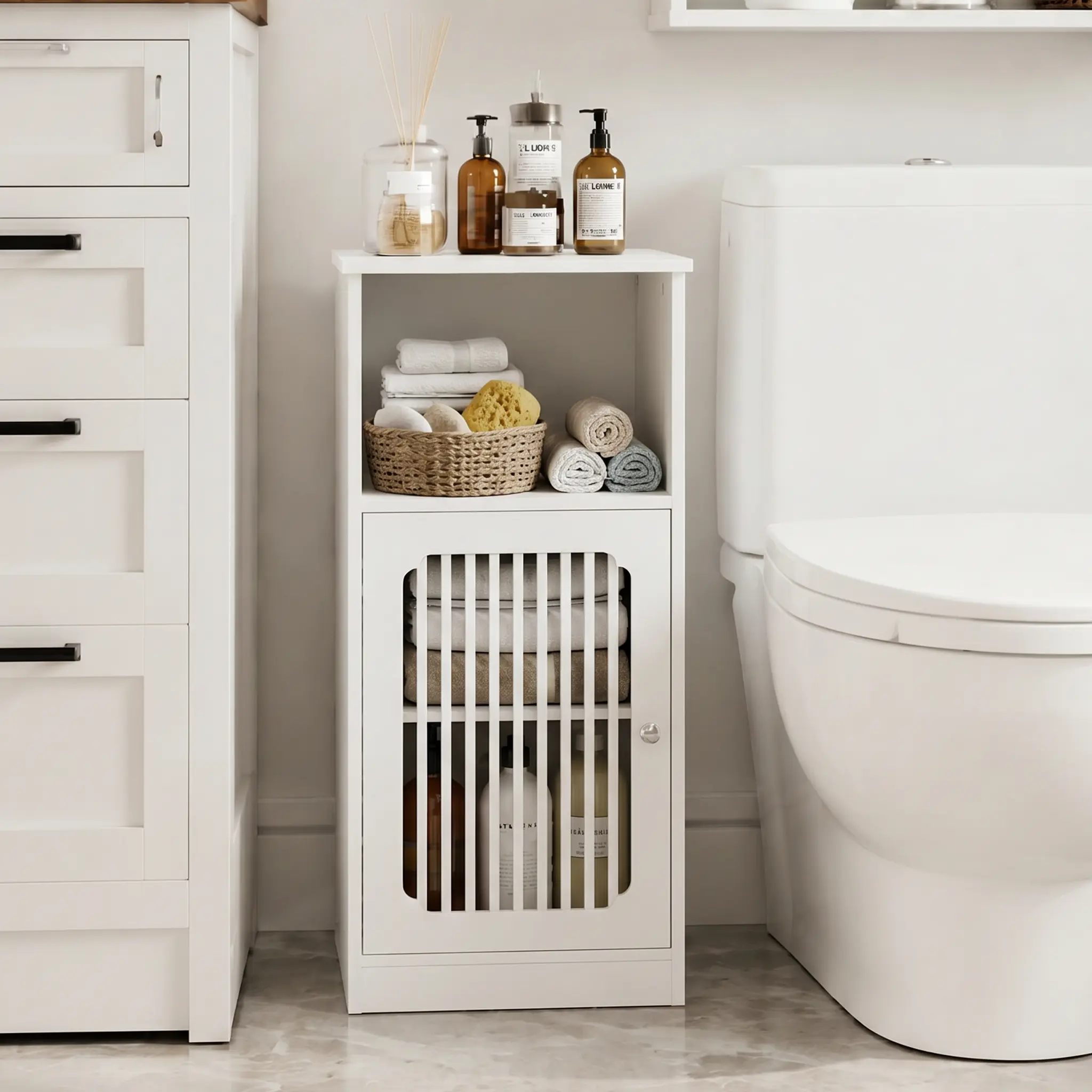 White Floor-Standing Bathroom Low Cabinet with Louvered Doors, Multi-Layer Storage for Indoor Bathroom Furniture Use