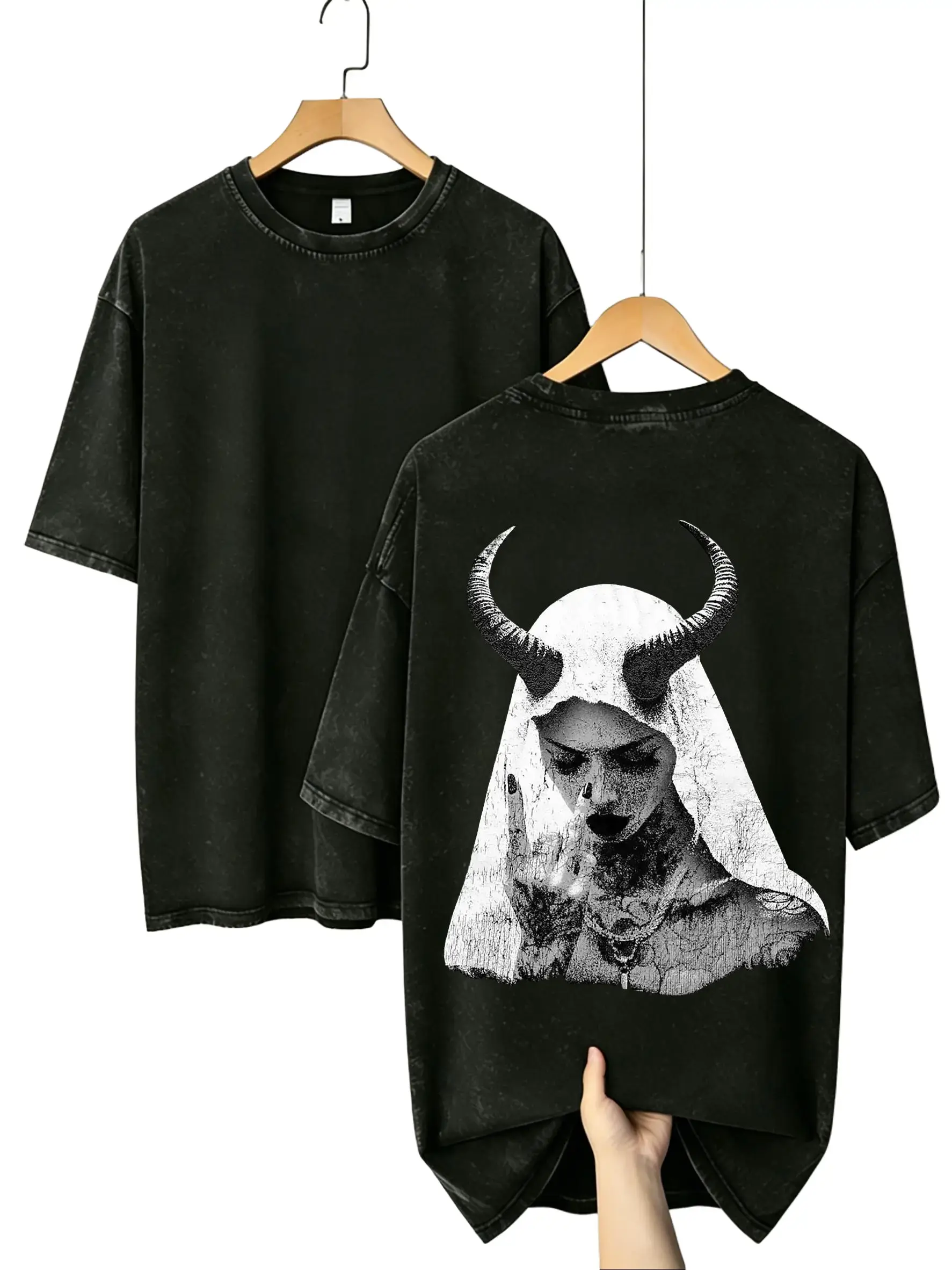 Acid Wash Cotton Menswear T-Shirt, Oversized Gothic Top with Demon Nun Graphic for Men, Heavyweight Tee Built to Last, Round Neck, Figure, Graphic Print, Pure Cotton, Vintage, Cartoon, Won’t Crack Or Fade, Cute, Retro, S, Gothic Edge, Heavyweight Fabric
